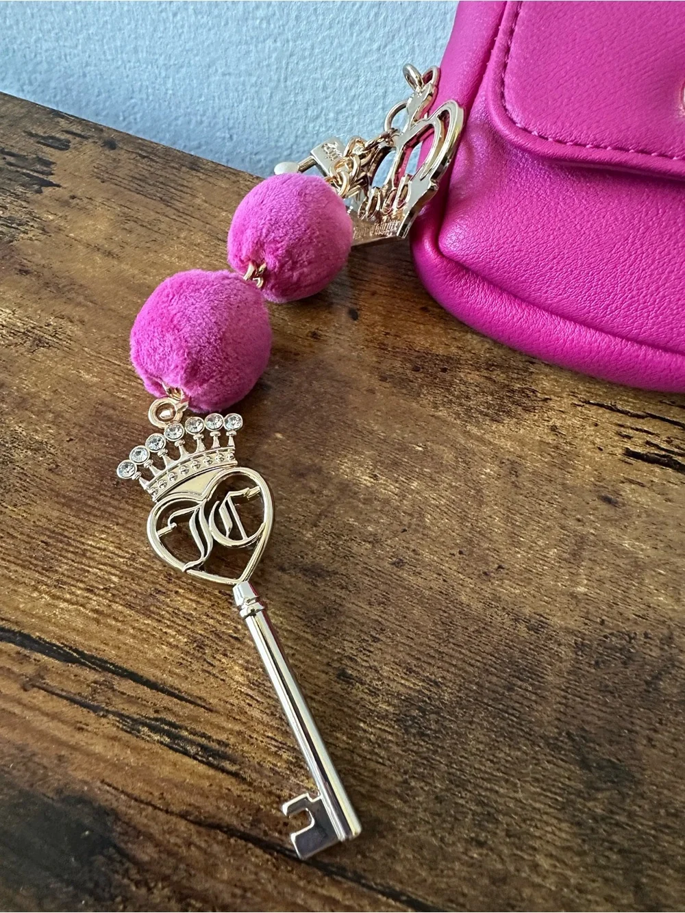 Juicy Couture Hot Pink Mini Coin Purse Keychain Bag Charm w/ Crown, Tassel NWOT